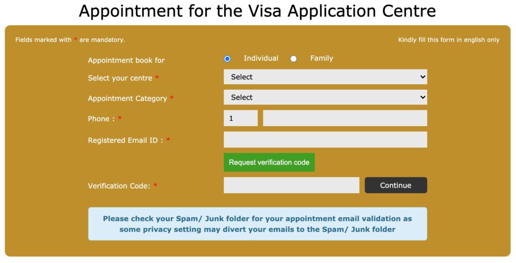 Appointment for the Spain Visa Application Centre
