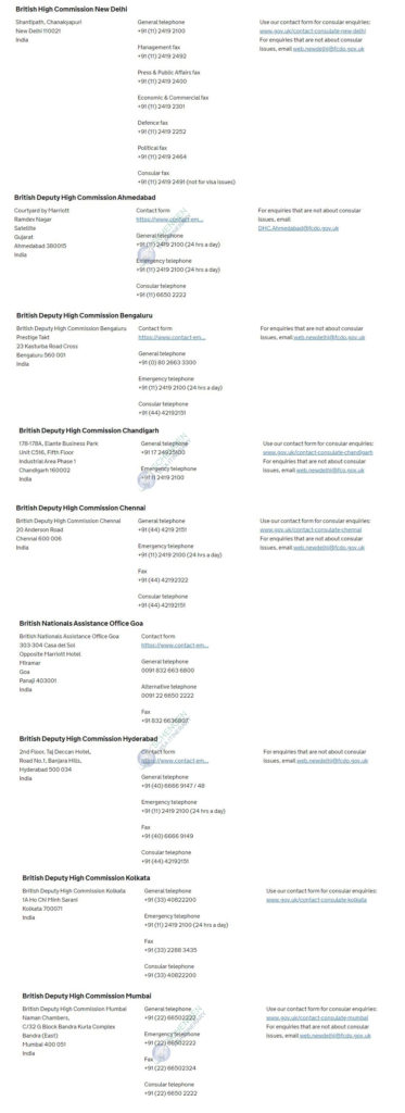 UK Consulate Addresses in India