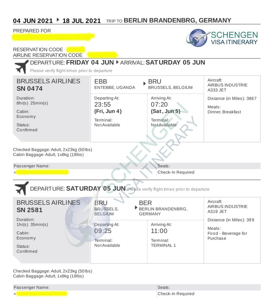 Sample Flight Itinerary Document for applying Schengen Visa