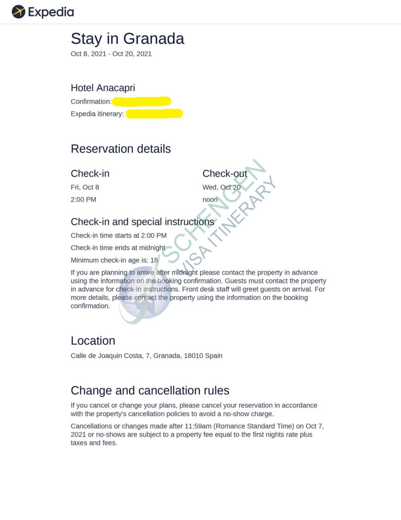 Sample Hotel Reservation Document to Apply Germany Visa from Canada