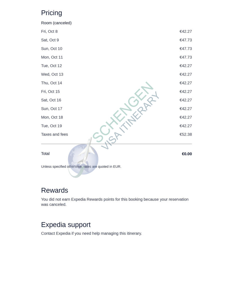 Sample Hotel Reservation Document to Apply Germany Visa from Canada